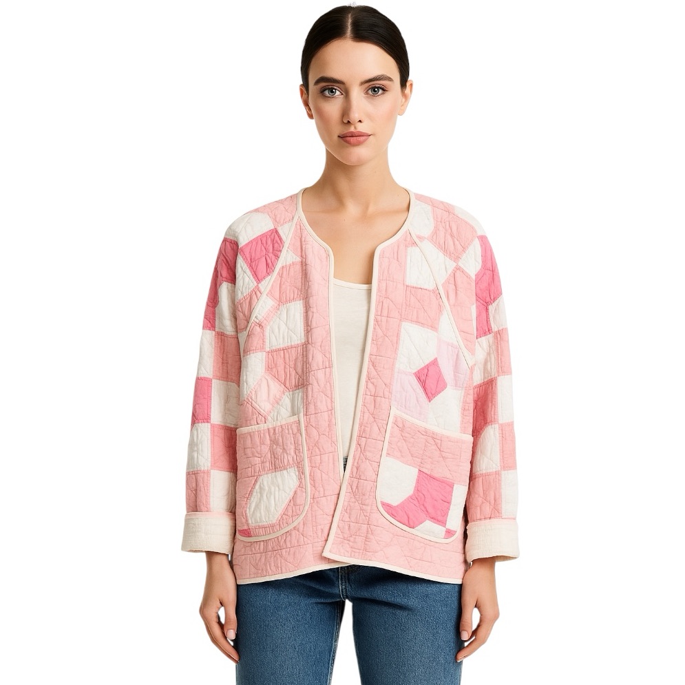 Upcycled By Reissued Quilted Chore Jacket Pink & White Patchwork One Of A Kind